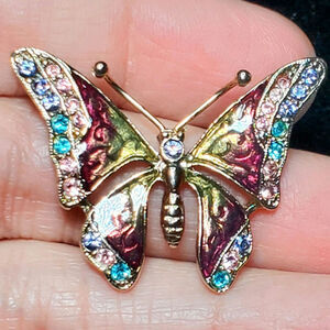 Liz Claiborne LC Enamel Butterfly Rhinestone Gold Tone Brooch Unsigned 2" Vtg